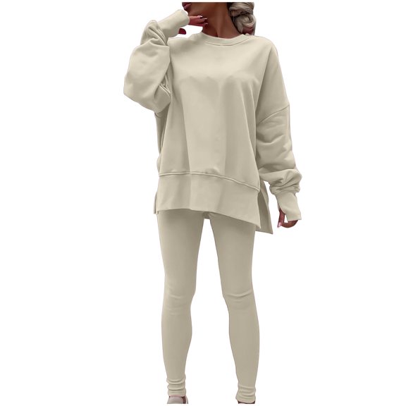 Sets Women 2 Piece Outfits Casual Loungewear 2 Piece Sets Womens Oversized Loose Crew Neck Sweatshirt with Skinny Leggings Pants Tracksuit Khaki L