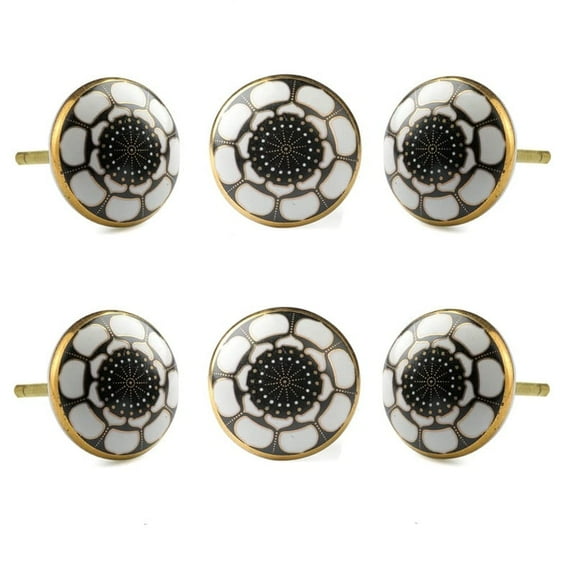 Perilla Home Set of 6 Knob (Ceramic with 24 K Gold) Decorative Knobs for Home Kitchen Cabinet Hardware Cupboard Door Dresser Wardrobe and Drawer Pulls (Marigold Black)