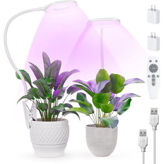 Full Spectrum Grow Lights for Indoor Plants, Clip On Plant Lights for Indoor Growing with 4/8/12H Timer, 3 Light Modes, 10 Dimmable Levels, Adjustable Gooseneck, Remote Control, 2-Pack