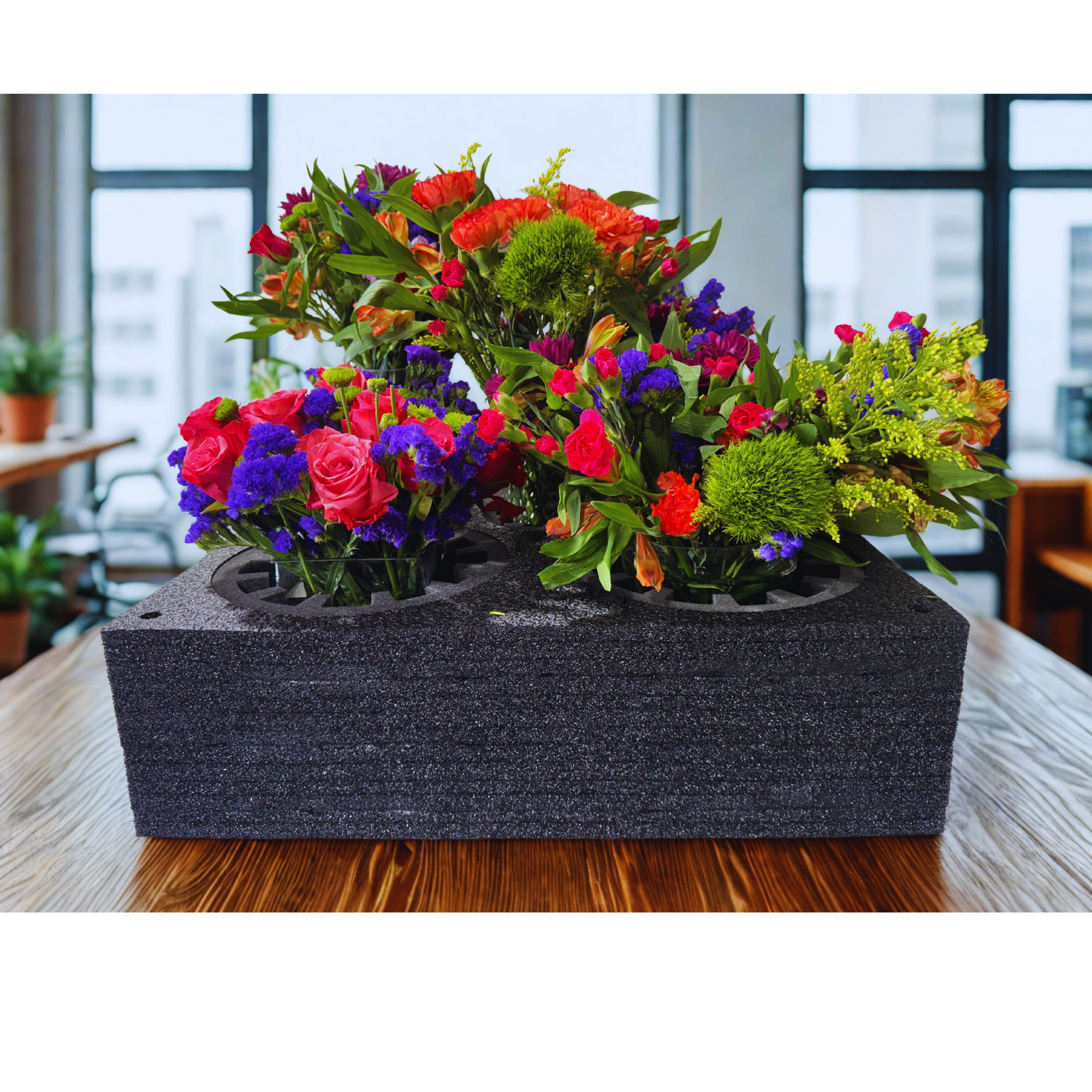 EPE Floral Arrangement Transport Tray, 5 Holes, 24 x 24 x 9 inches, Black, Adjustable for 2-8 inch Vases