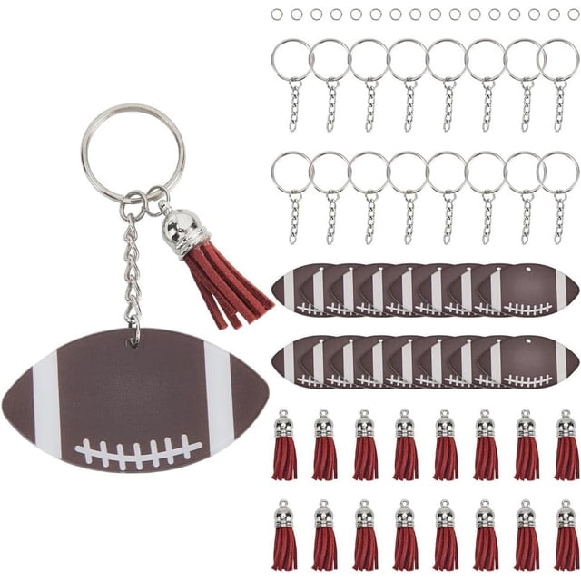 1 caja de 64 llaveros de fútbol DIY, llaveros deportivos, llaveros artesanales de acrílico con balón de rugby, kits para hacer llaveros con borlas y anillos.