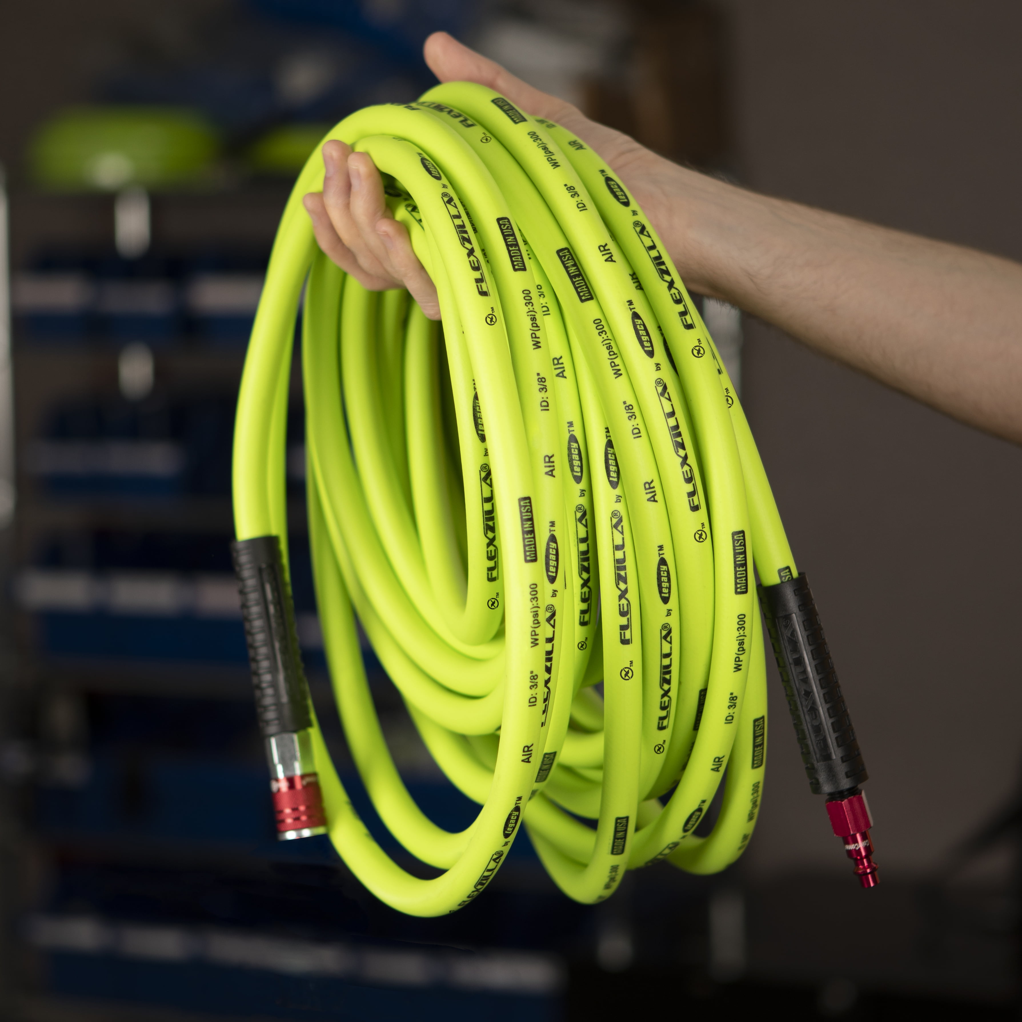 Flexzilla Air Hose Kit, 3-Piece, 3/8" x 100', ZillaGreen, with ColorConnex Coupler and Plug, Type D, Red