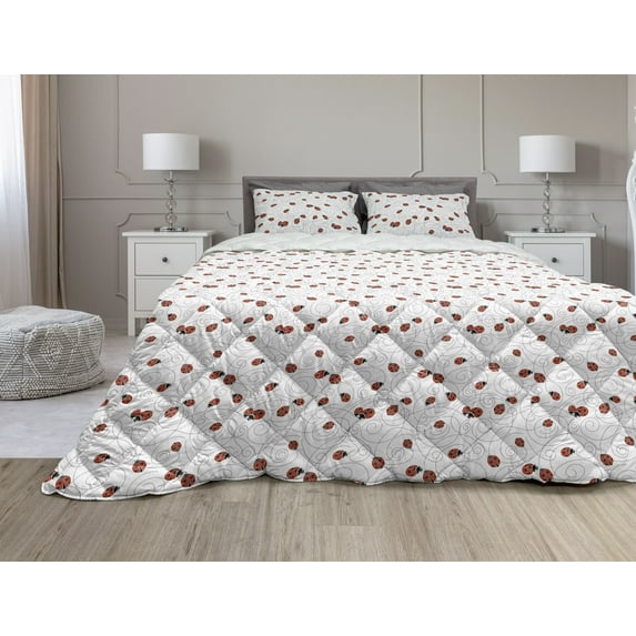 Ladybug Comforter & Sham Bedding Set, Bugs Drawing Curved Spiral Circles Romantic Cycle Ladybird Animals Cartoon, 3 pcs Duvet Set Microfiber Filling Quilt, 5 Sizes, Red White Black, by Ambesonne