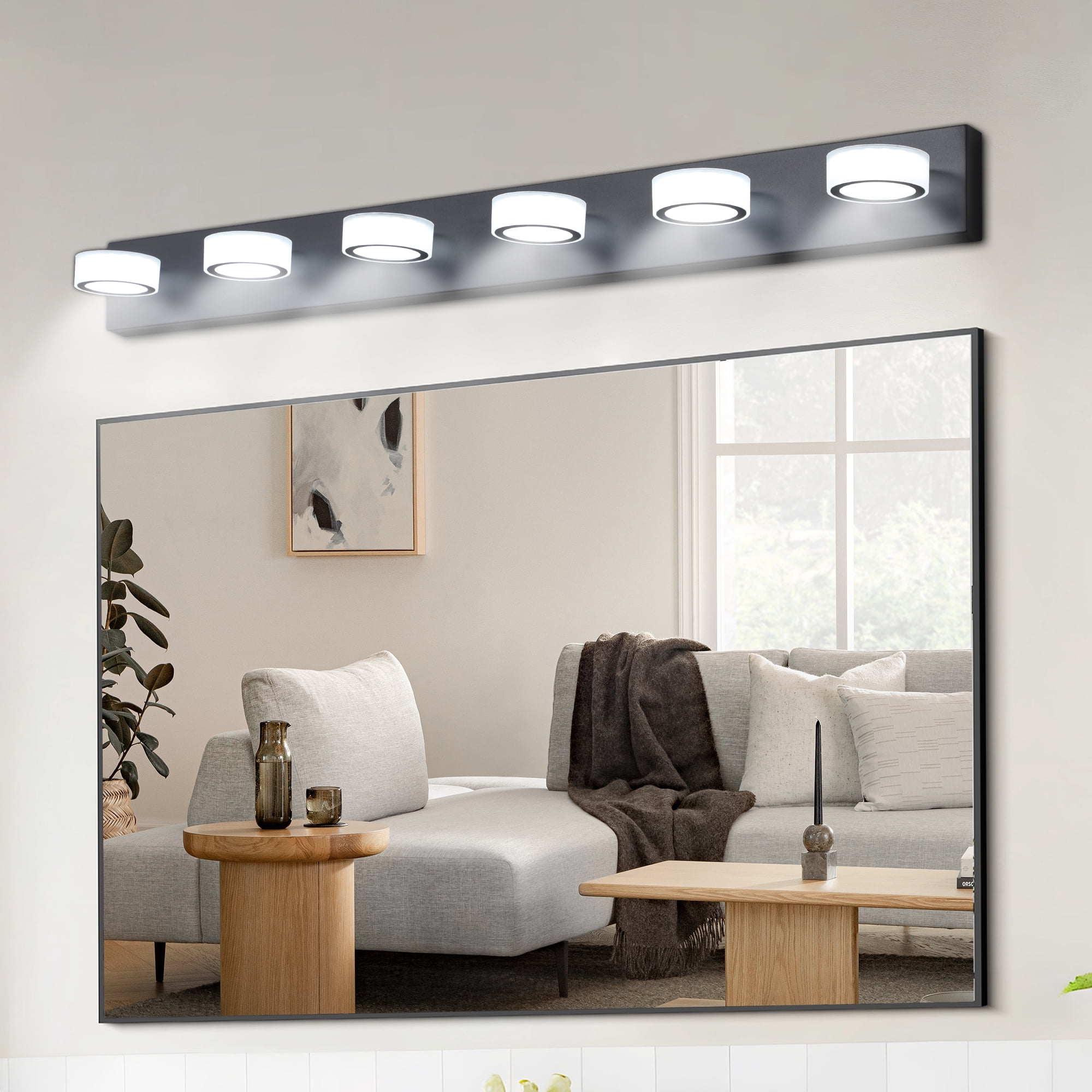 GCGAFUL 45 in. 6-Light Modern Black LED Vanity Light Bar with Acrylic Shades for Mirror, Shower, and Bathroom Decor