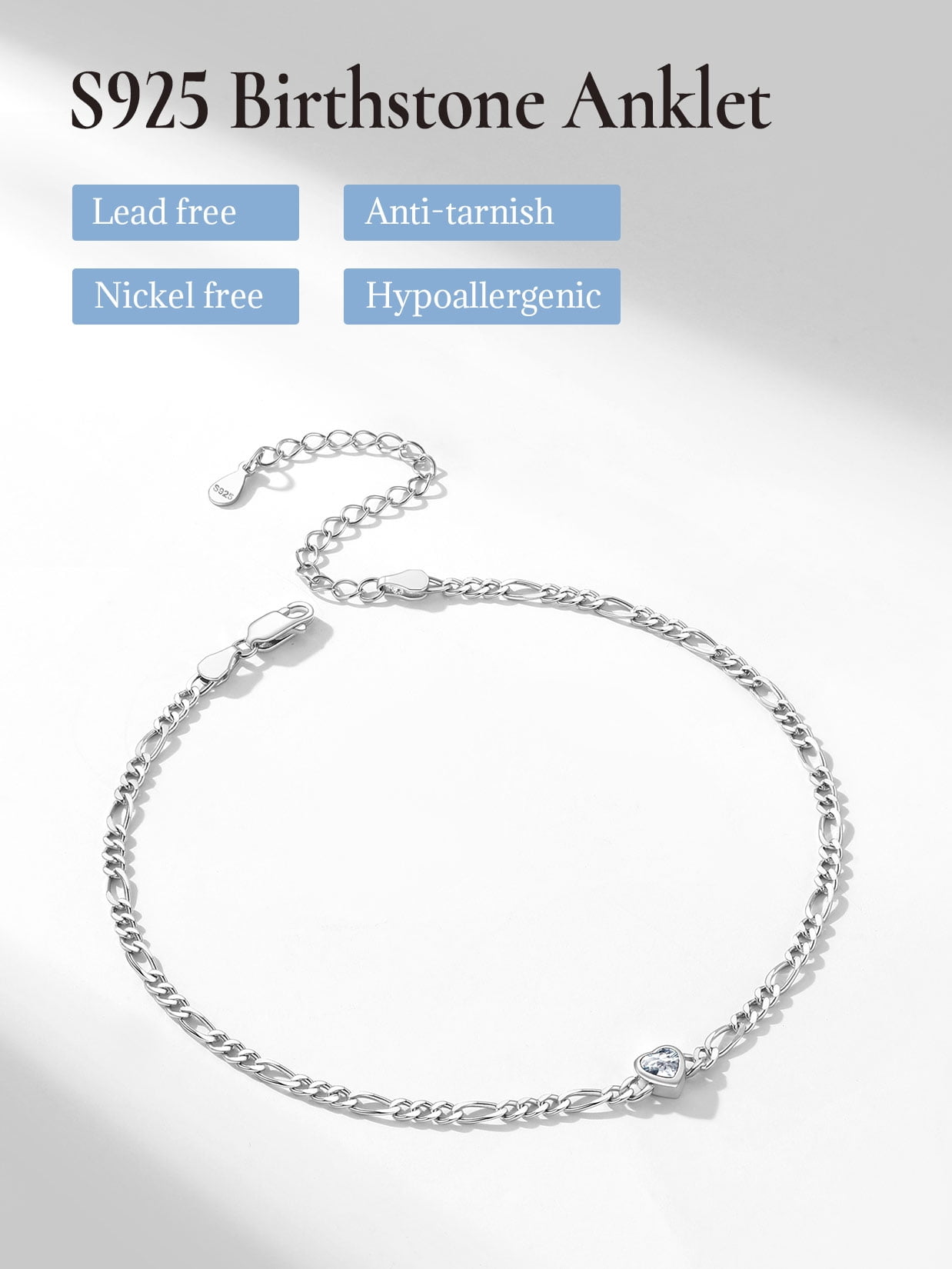U7 Heart Anklet Bracelet for Women April White Diamond Sterling Silver Figaro Anklet Charming Summer Jewelry Gift Beach Foot Chain for Daughter