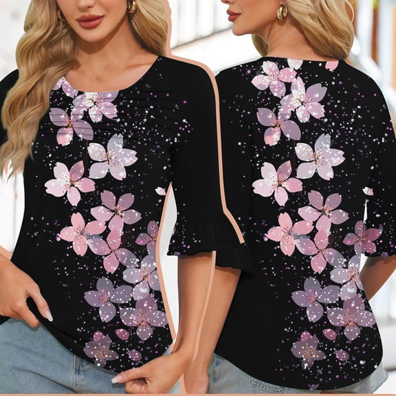 Jsaierl Tops for Women 3/4 Sleeve Casual Crew Neck Shirts Ruffle Trim Fashion Print Ladies Blouses Classic Vacation Tunic Top S-2XL
