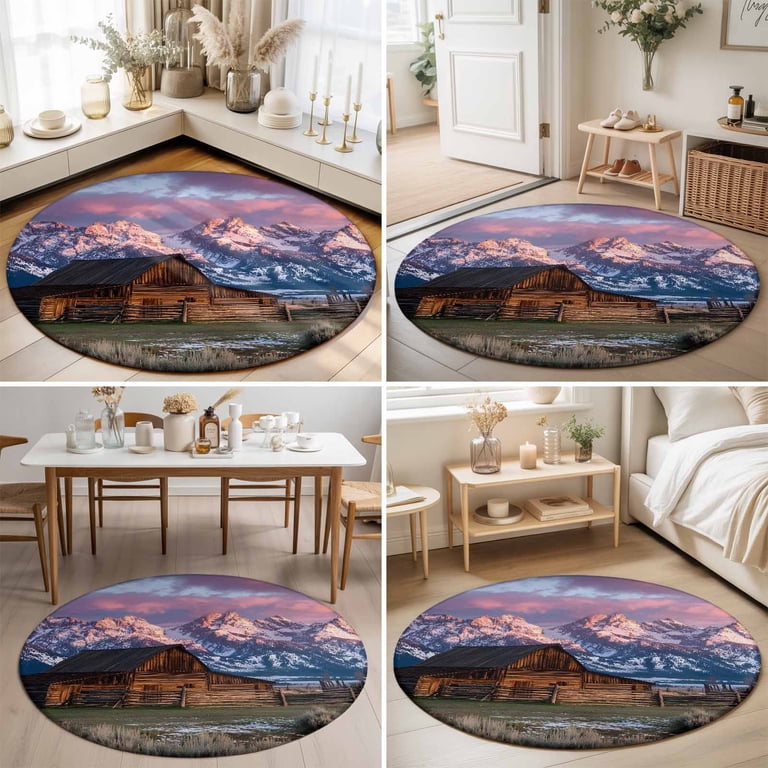 Mountain Landscape Washable Round Area Rug 6 ft, Rustic Barn