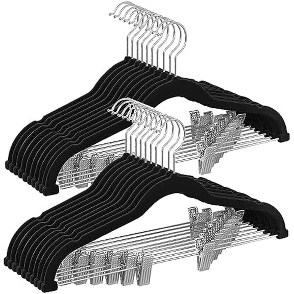 20-Pack Pants Hangers, 16.7-Inch Long Velvet Hangers with Adjustable Clips, Heavy-Duty, Non-Slip Skirt Hangers, Space-Saving for Pants, Skirts, Coats, Dresses, Black UCRF012B20