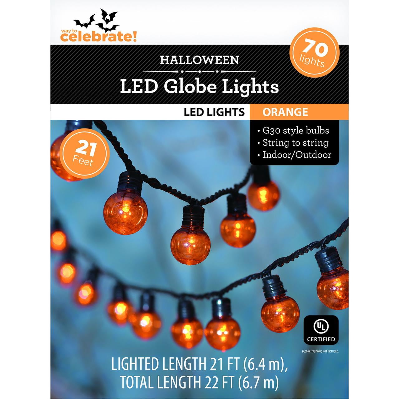Orange Lights, 70CT, LED G30 Globes, 21ft, Halloween Indoor/Outdoor, by Way To Celebrate