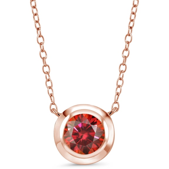 Gem Stone King 18K Rose Gold Plated Silver Red Moissanite Pendant Necklace for Women (1.00 Cttw, Round 6.5MM, with 18 inch Silver Chain)