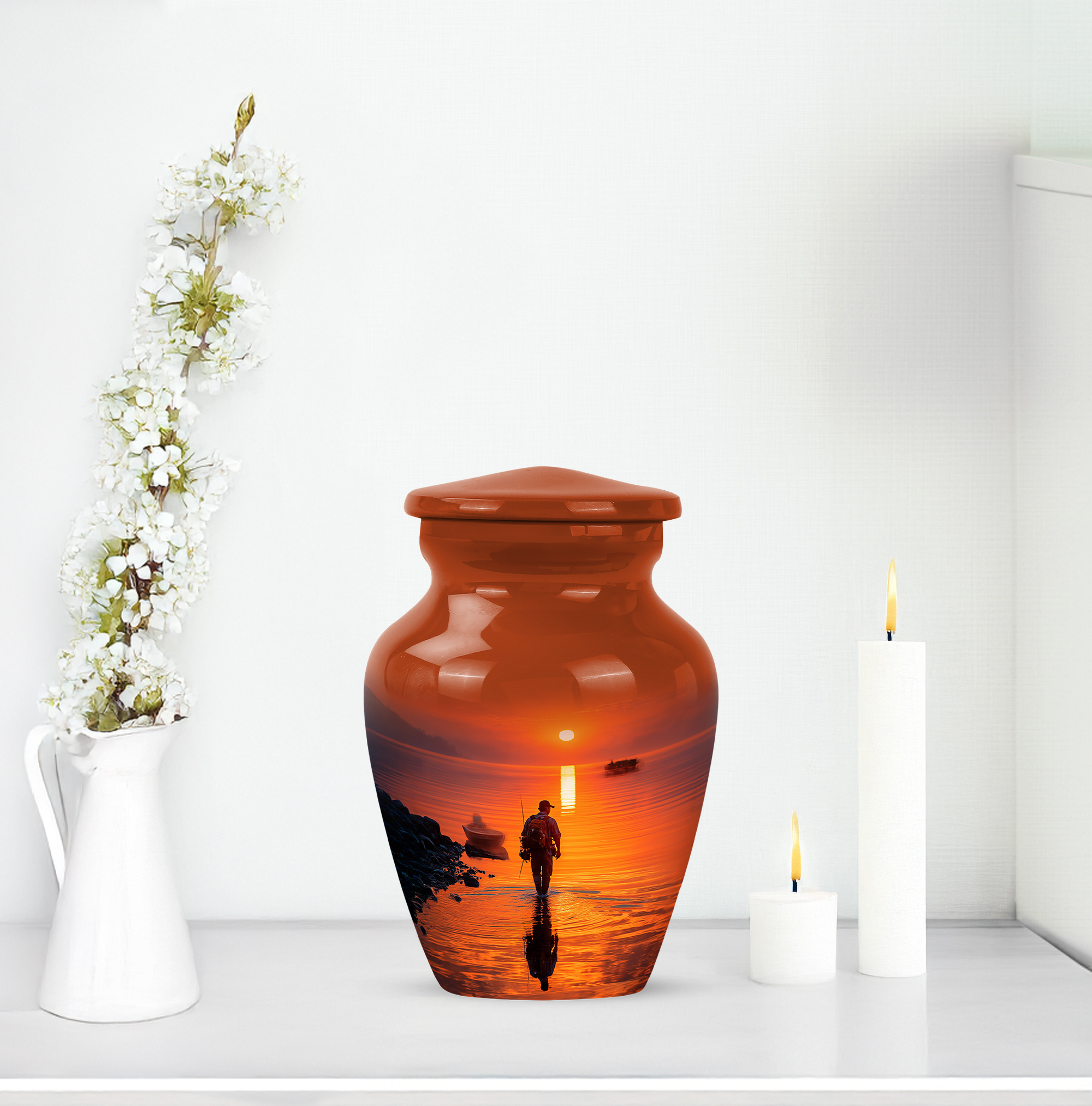 Fishing Man Small Keepsake Urn For Ashes Adult Male And Female - Brown Cremation Urns For Human Ashes For Husband And Wife - Sunset Memorial Mini Urn For Daughter And Son 3 Inch