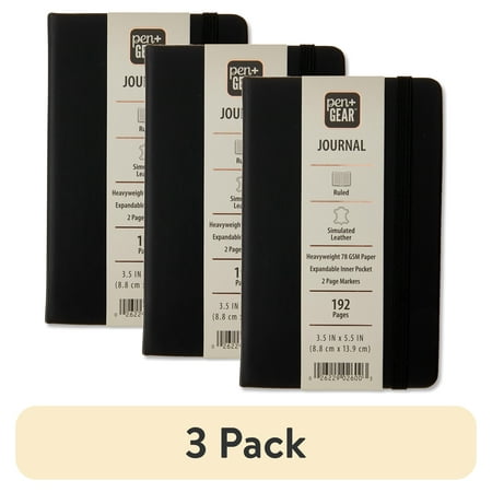 (3 pack) Pen+Gear Simulated Leather Journal, Black, 3.5" x 5.5", 192 Ruled Pages