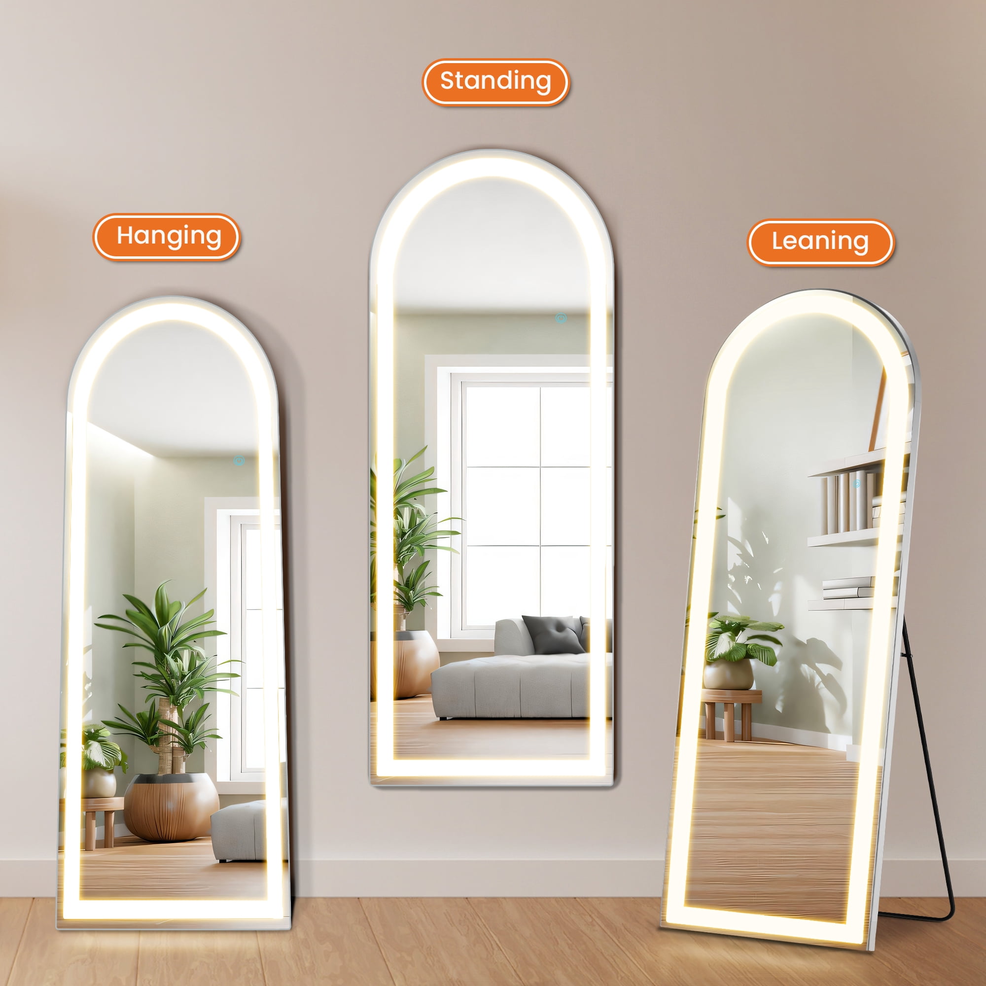 MAYEERTY 64"x21" LED Full Length Mirror, Floor Standing Mirror with Stand, Wall Mounted Hanging