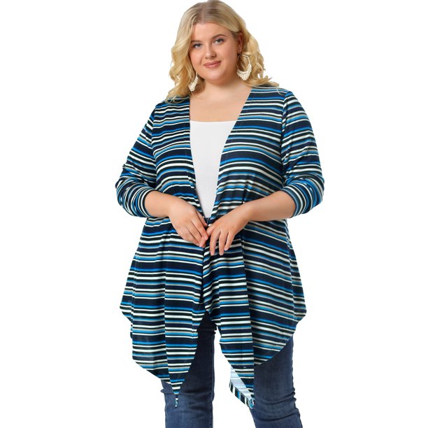 Cárdigans de talgrande pamujer, Kimonos, bloque de color, bohemio, rayas, frente abierto, cárdigan Azul XL