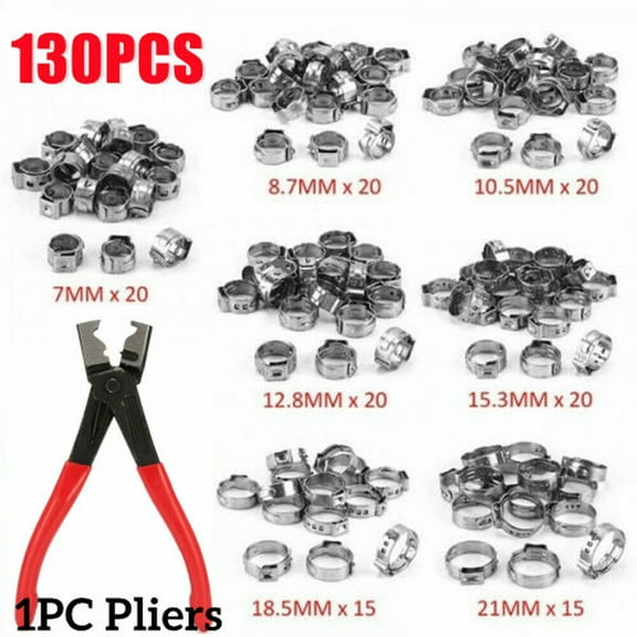 130X Assorted Hose Clamp Stainless Steel Ear Cinch Rings Crimp Pinch Set  Plier