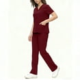 thumbnail image 3 of Scrubs Set for Women Nurse Uniform V-Neck Tops and Drawstring Jogger Pants with Pocket Nurse Workwear Wine M, 3 of 8