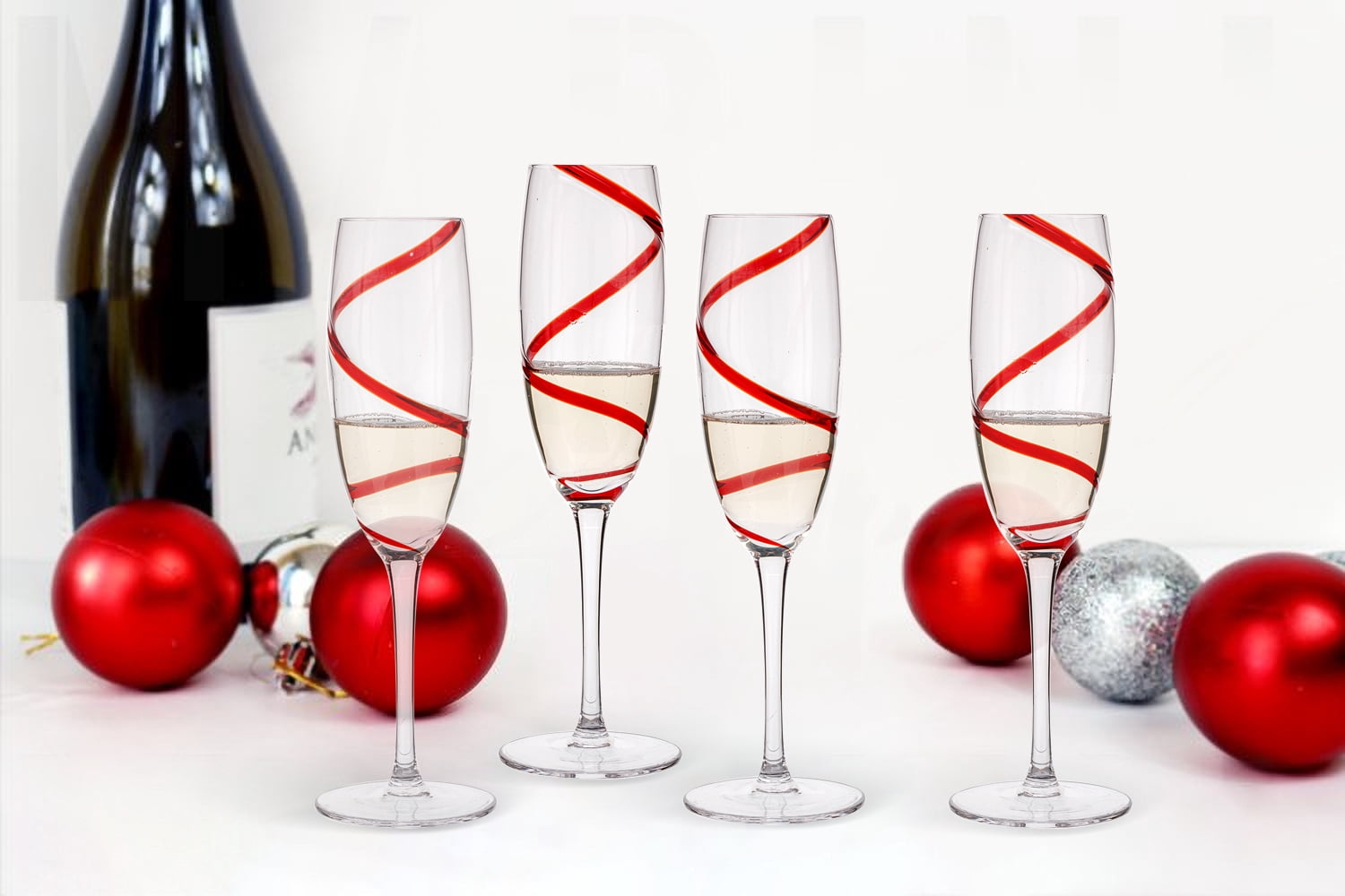Holiday Time Red Swirl Champange Flute 4pack