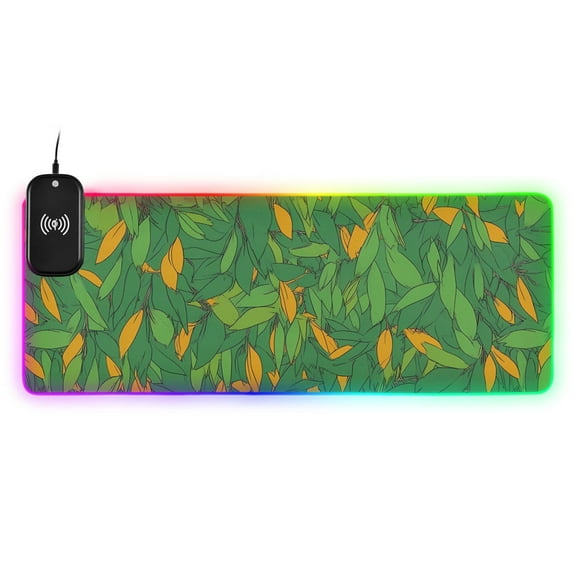 RGB Gaming Mouse Pad 15W Wireless Charging Large Waterproof Desk Mat 13 Light Modes Mousepad 31.5x11.8 Green Orange Leaves