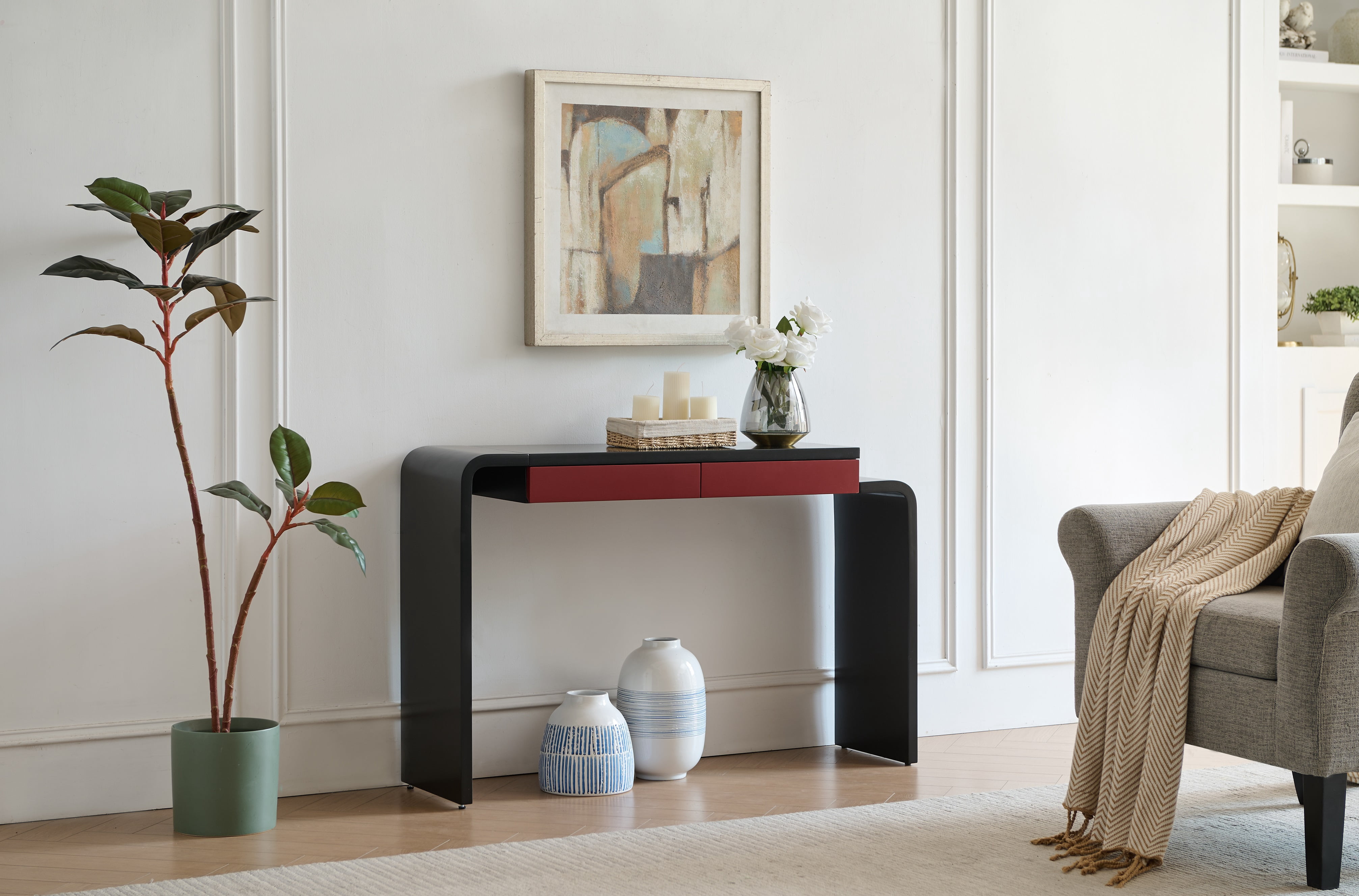 Kings Brand Furniture Yuma Wooden Console Table - Contemporary Thin Sofa Table, Side Table, Entryway Table with 2 Drawers Perfect for Hallway, Living Room, Foyer (Black)