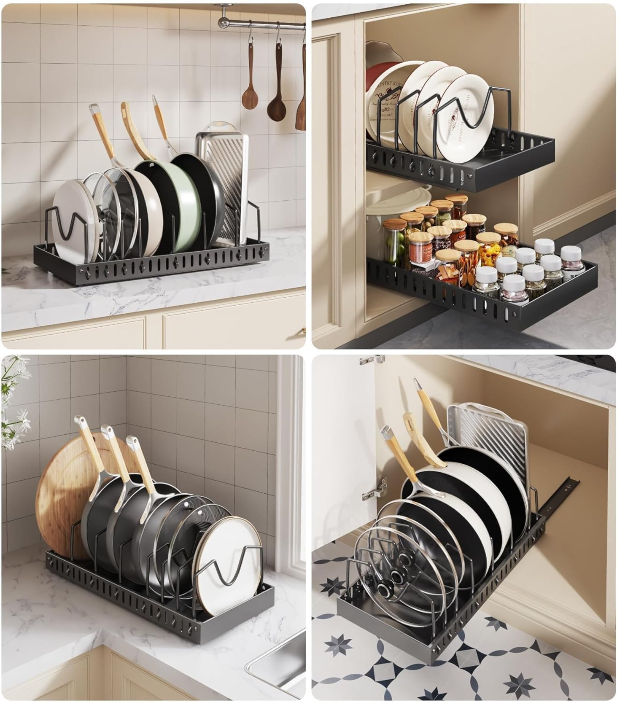 2-Pack Adjustable Pot Pan Organizer, No Drill Under Cabinet Sliding Divider for Kitchen Cookware Bakeware Storage