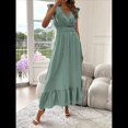 thumbnail image 4 of Vestido de Verano para Mujer, Elegante, con Escote en V, Volantes, Mangas Sueltas, Cintura Plisada, para Invitada de Boda. Verde XXL, 4 of 7