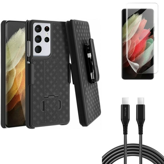 10ft Long USB-C Cable & Matte Screen Protector & Case Belt Clip for Samsung Galaxy S21 Ultra Phone - PD Fast Charger Cord Power & TPU Film Anti-Glare & Holster Swivel Accessory Bundle