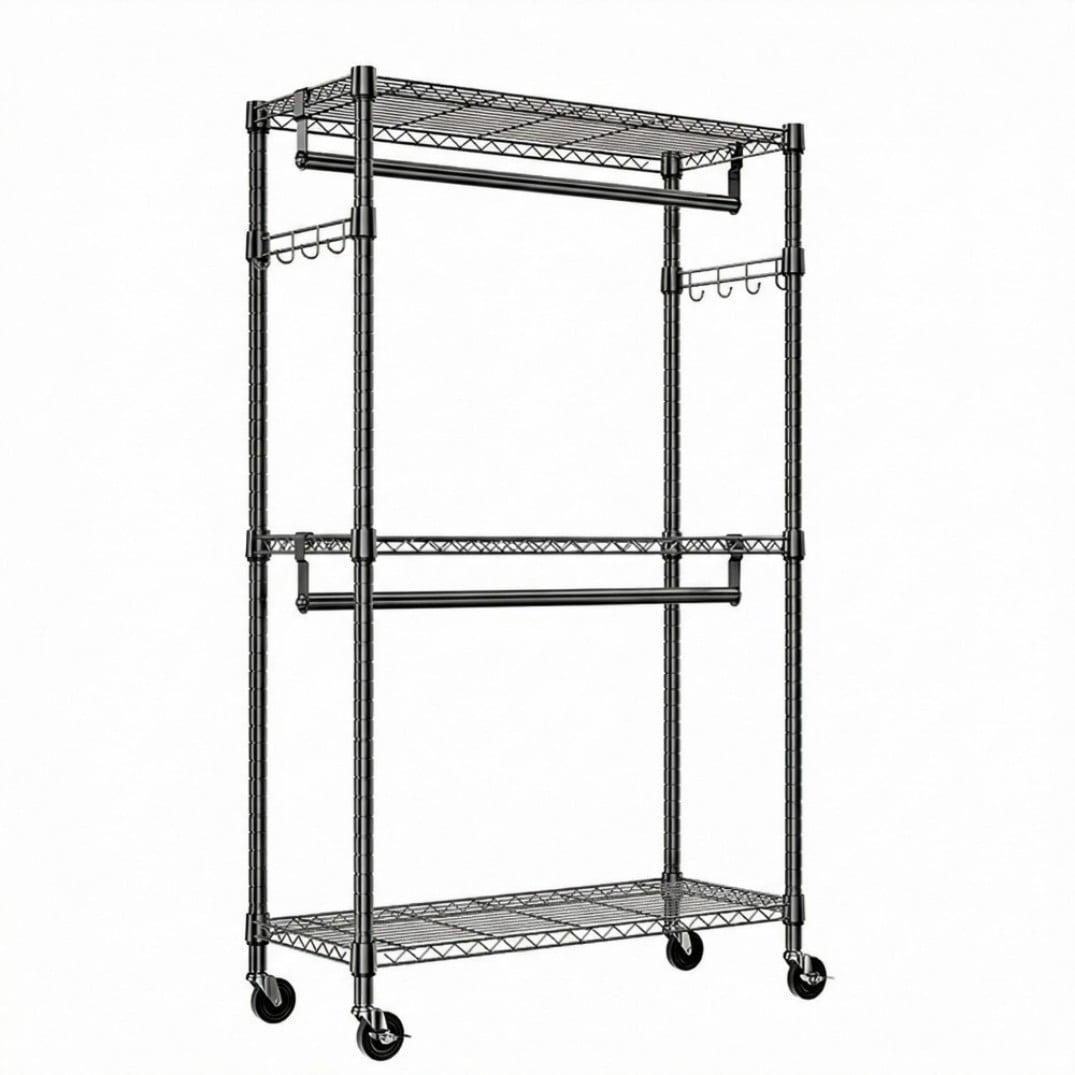 Heavy Duty Rolling Garment Rack, 3-Tier Adjustable Wire Shelving Clothes Rack with 2 Hanging Rods, Side Hooks & Lockable Wheels, Black