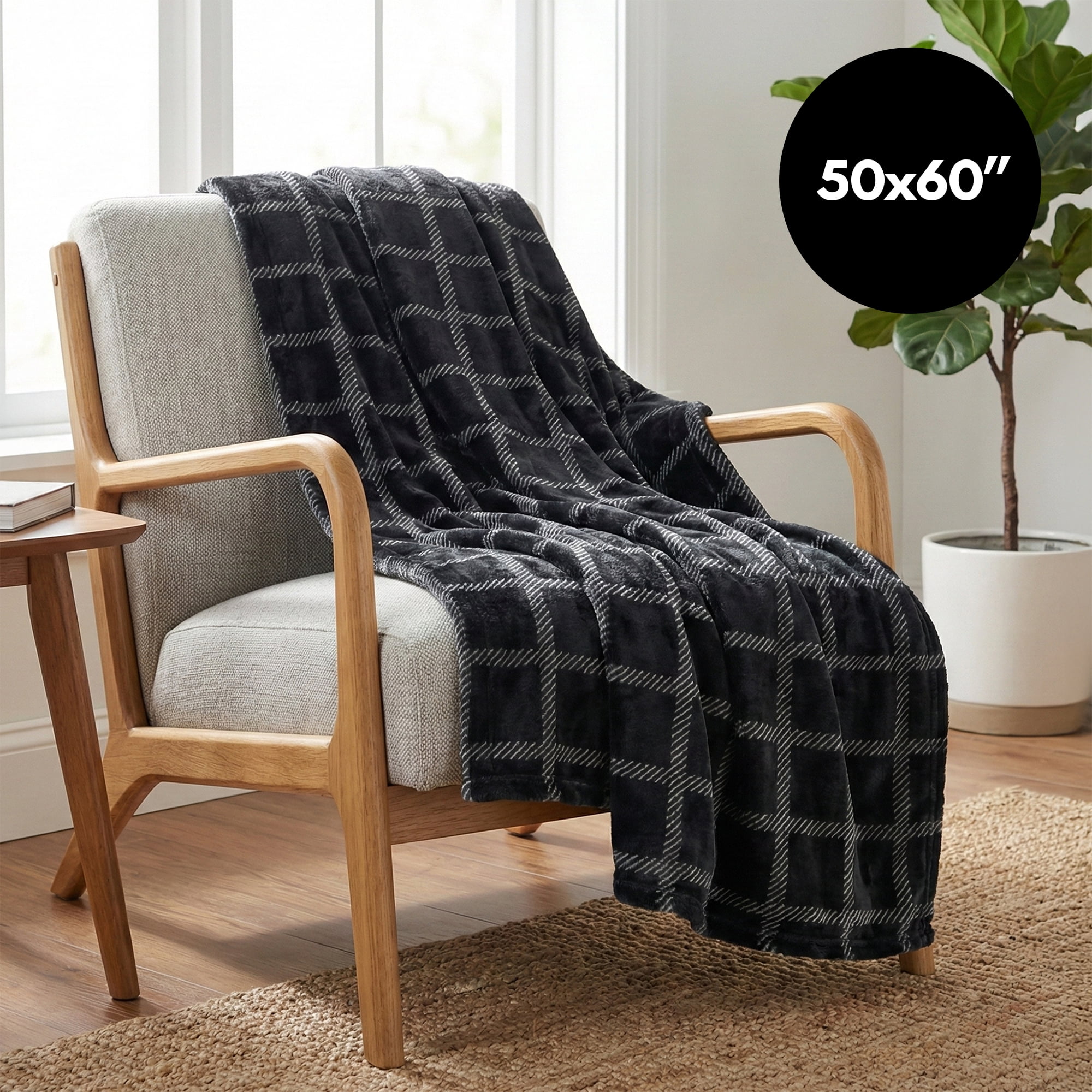 Fleece Throw Blanket - 50x60 Inch - Modern Dash Windowpane Design - Ultra Soft Warmth - Black
