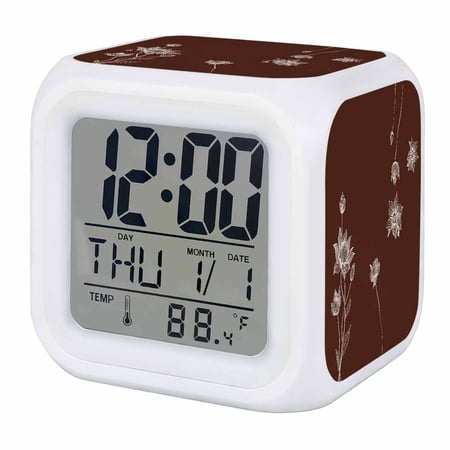 Alarm Clocks Lotus Flowers Digital Clock 7 Color LED Night Light Silent Non-Ticking Battery Operated Harmony Floral Brown Cube Clocks Decorative for Bedroom Bedside Living Room Office School Decor
