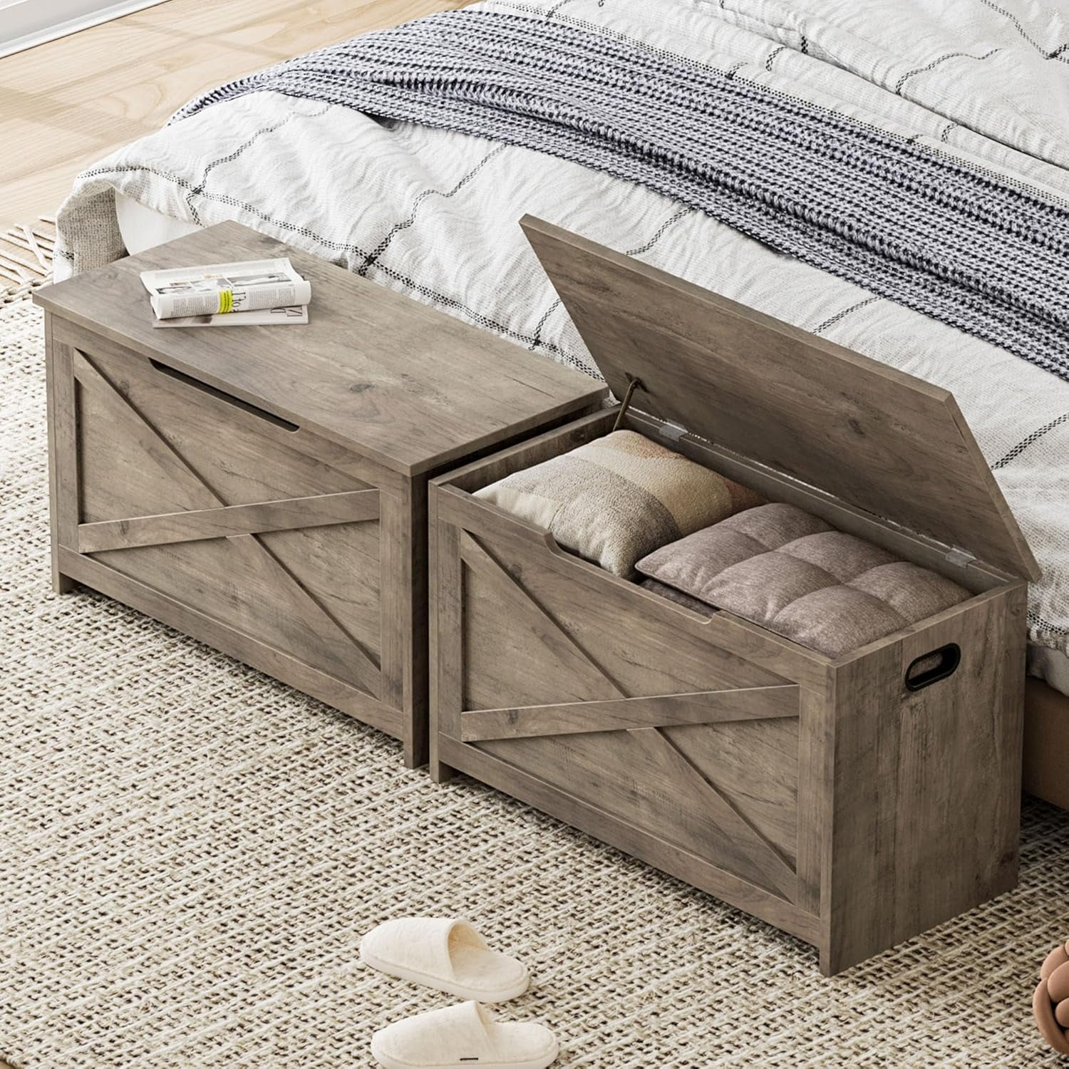 Garvee Wooden Storage Chest, 30"x15.78"x17.7", Safety Hinge Toy Box, Large Storage Bench for Entryway, Bedroom & Living Room, Greige