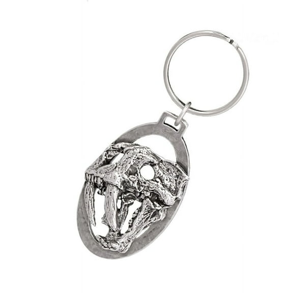 Saber Tooth Cat Skull Keychain, A202KC, 2 Inches, Ice Age, Tiger, Prehistoric, Fossil, Nature, Gift, Metal, Engraved, Key Fob, Key Ring, Keys, Zipper Pull, Luggage Tag, Pewter, Made in USA