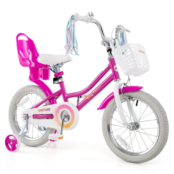 Costway 16 Inches Kids Bicycle with Basket Doll Seat Colorful Streamers Training Wheels Rose Red