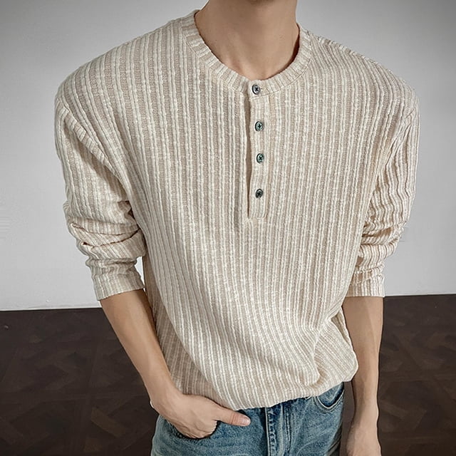 Seeotter Men's Ribbed Henley Shirt Short Sleeve Slim Fit Muscle Shirt Fitted Cotton Casual Long Sleeve