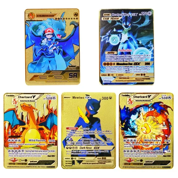 5Pcs Card Metal Pokémon Letters Venusaur Vmax Charizard Pikachu Gx Blastoise Gold Iron Cards Anime Games Kids Toys Gifts