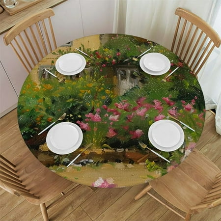 

Autua Dog Flowers House Round Table Cover 100% Polyester Stain Resistant Washable Perfect for Indoor Outdoor Tablecloth Kitchen Dining Wedding Parties Tablecloth 46 -50