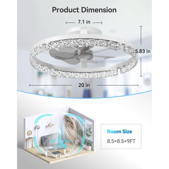 20 Inch Low  Ceiling Fan with Light and Remote, Dimmable LED Flush Mount Fandelier for Bedroom Kitchen Living Room