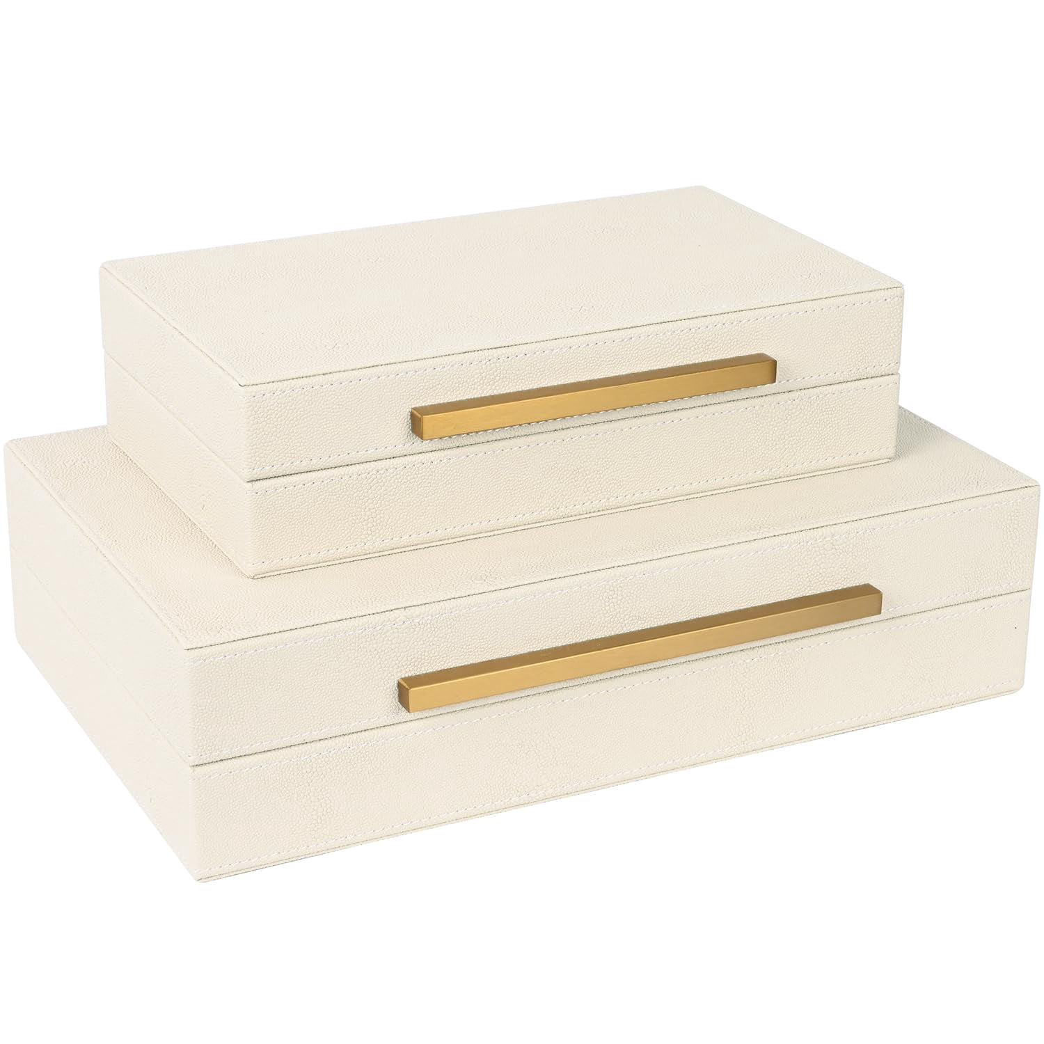 Beige Shagreen Decorative Storage Boxes - Set Of 2 Faux Leather & Memory With Metal Handles  Nesting Photo Organizers For Home Decor Gift And Office Organization