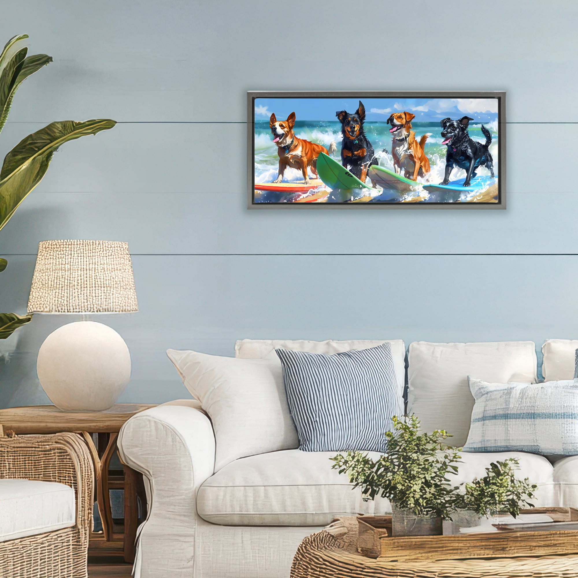 Stupell Industries Dogs on Surfboards Summer Fun Gray Framed Floater Canvas Wall Art, design by Creative Studio