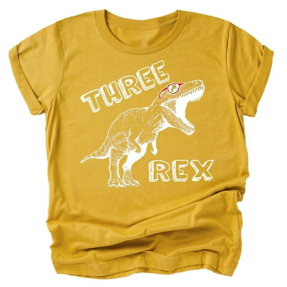 Olive Loves Apple Three Rex Dinosaur 3rd Birthday T-Shirts for Baby Girls and Boys Third Birthday Outfit White on Mustard Shirt 4T