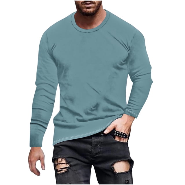 Dagugfen Plus Size Tops for Men Long Sleeve Crewneck Slim Solid Color Comfy Leisure Workout Shirts Fall