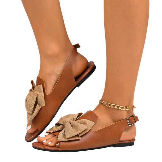 HTHLVMD Comfort Open Toe Beach Shoes, Female Casual Spring Summer Comfortable Bow Round Toe Open Toe One-Line Buckle Flat Sandals, Designed for Easy Wear And Versatile Style, Brown 5.5