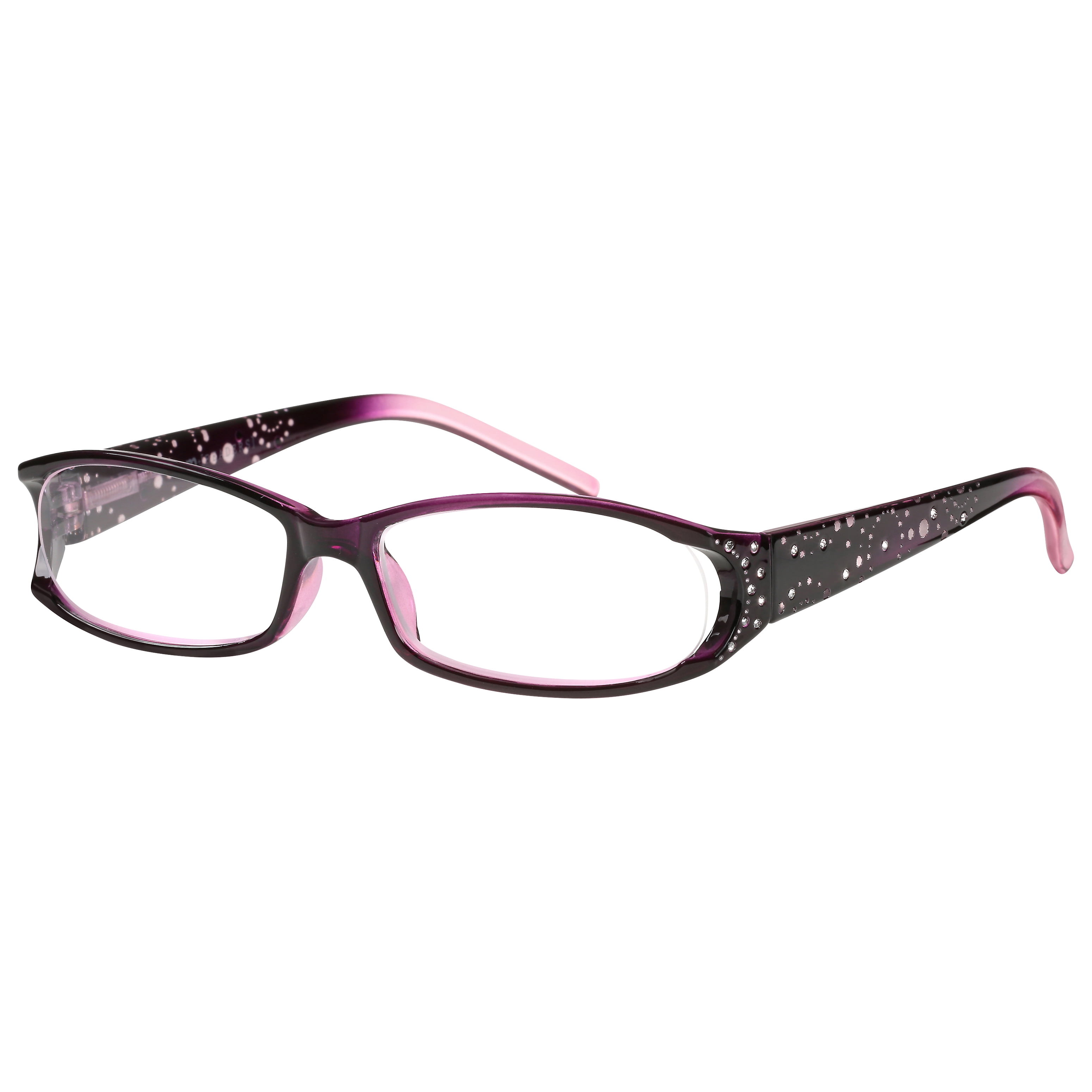 M+ Womens Rectangular Plastic Reading Glasses 1.25 Amber in Purple with Rhinestones