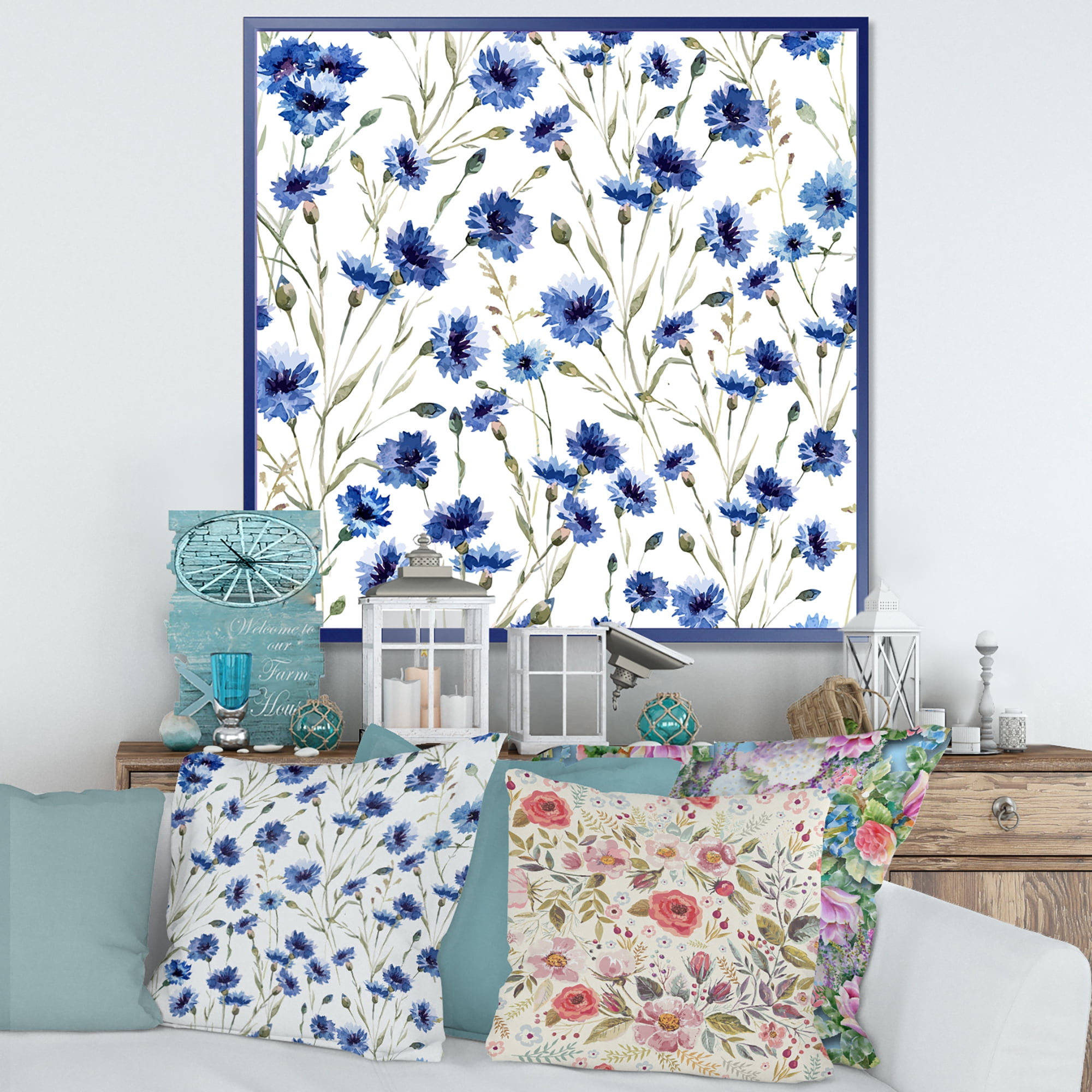 Designart 'Blue Wildflowers With Green Leaves On White' Traditional Framed Canvas Wall Art Print