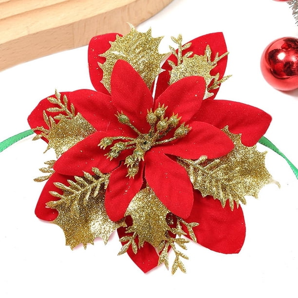 Flores decorativas navideñas clásicas, Adornos de árbol de Navidad, flores para nuevo para el hogar, suministros de fiesta de año, flor de Pascua brillante