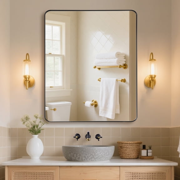 SUMERAIN Black Bathroom Vanity Mirror for Wall, 36 x 30 Inch Large Wall Mirror with Aluminum Frame, Modern Rounded Corner Rectangle Mirror for Bathroom, Living Room & Farmhouse