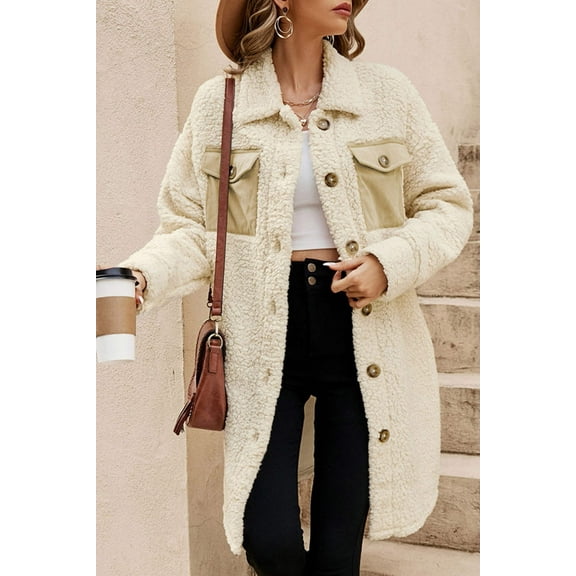 Beige Contrast Flap Pocket Single Breasted Teddy Coat