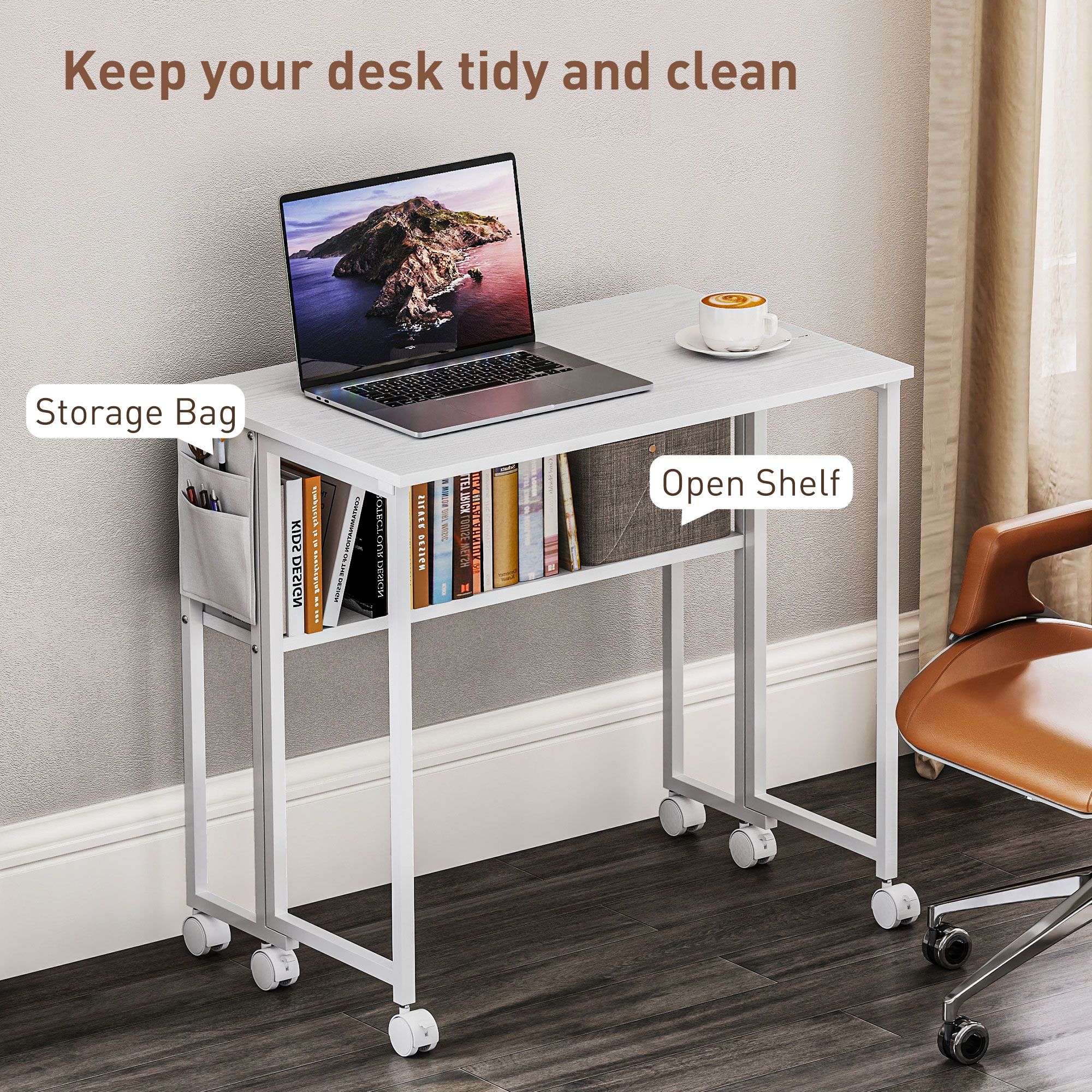 Drop Leaf Rolling Computer Desk, Foldable Depth 19.7" to 8.3" Mobile Writing Table with Open Shelf & Side Storage Bag, 6 Swivel Casters 110lbs Capacity for Small Spaces