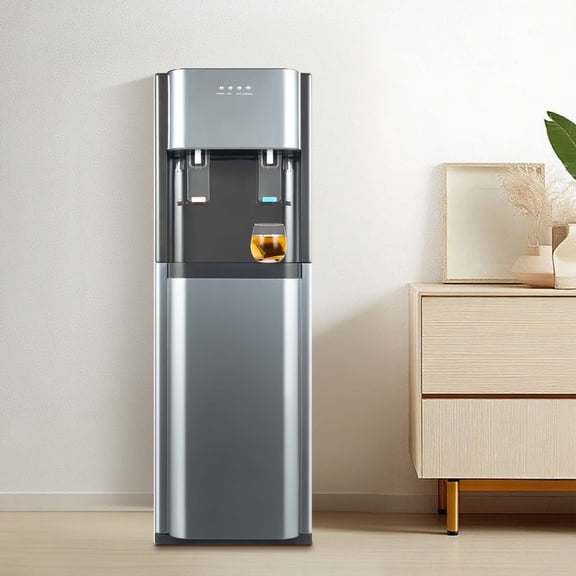 Bottom Loading Water Dispenser, Hot & Cold Water Cooler with 304 Stainless Steel Tank, Floor Standing Water Machine with Push-to-Dispense & Safety Protections, Fits 3-5 Gallon Bottles, for Home