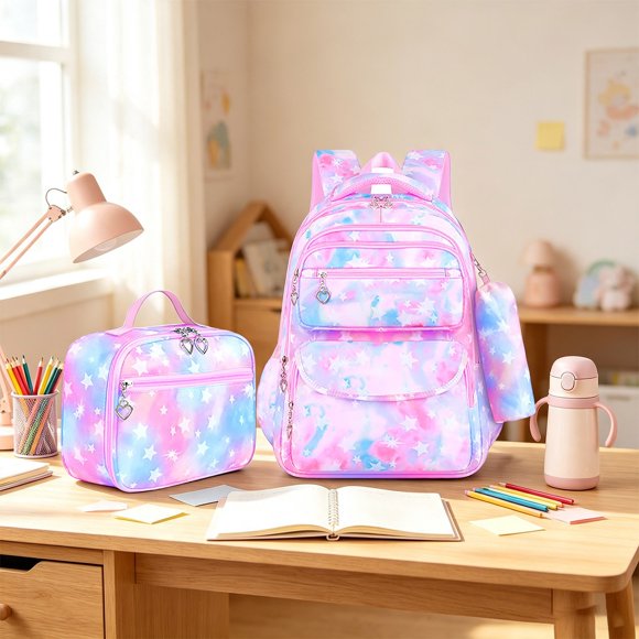 Conjunto de mochila escolar para niñas con bolsa para el almuerzo y estuche para lápices, estampado de estrellas impermeable, gran capacidad para primaria, 3 piezas.