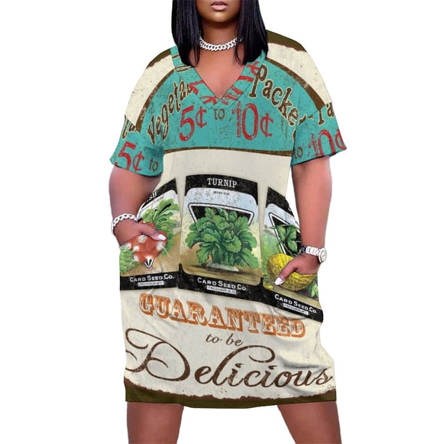 Vestido holgado con bolsillos y estampado de semillas de verduras vintage, vestido de verano para mujer 2025